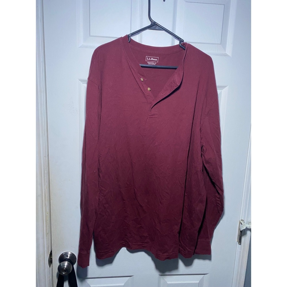 LL Bean Mens XL Henley‎ Shirt Long Sleeve Burgundy Maroon Traditional Fit Cotton